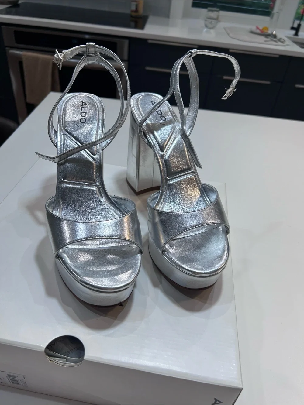 Aldo Metallic Silver Platform Ankle-Strap Heels